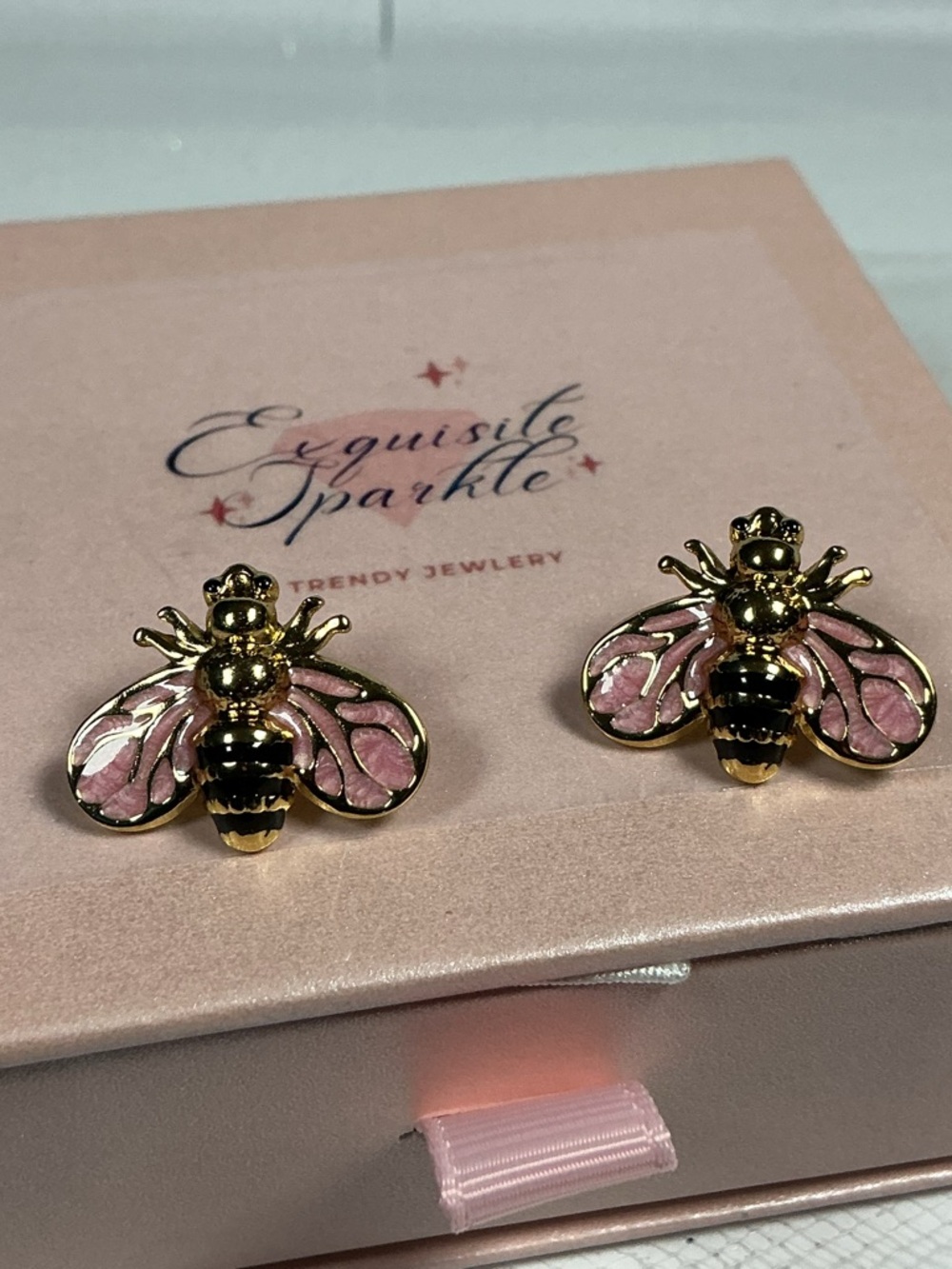 Pink & Black Bee Earrings Hand Painted Enamel Hypoallergenic Post Drop Goldtone - Picture 15 of 16